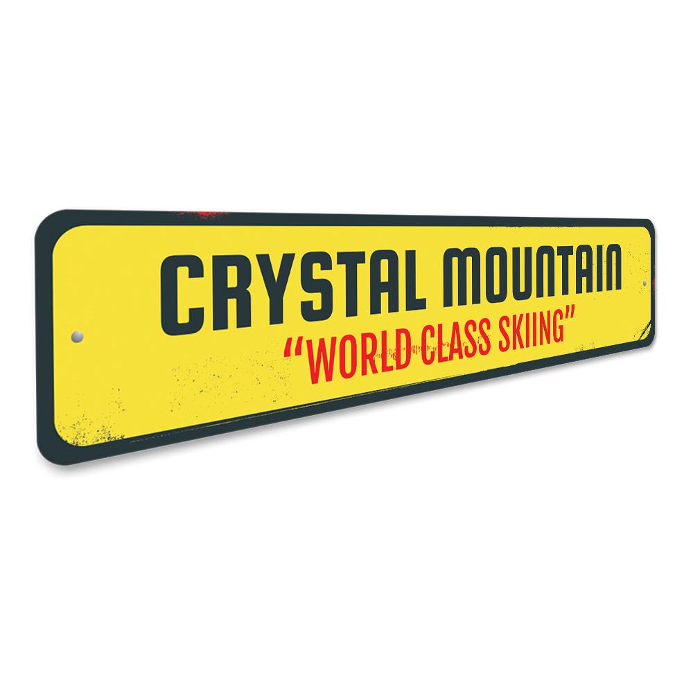 A decorative World Class Skiing Sign made of high-quality aluminum, featuring vibrant colors and a skiing theme, perfect for indoor or outdoor display.