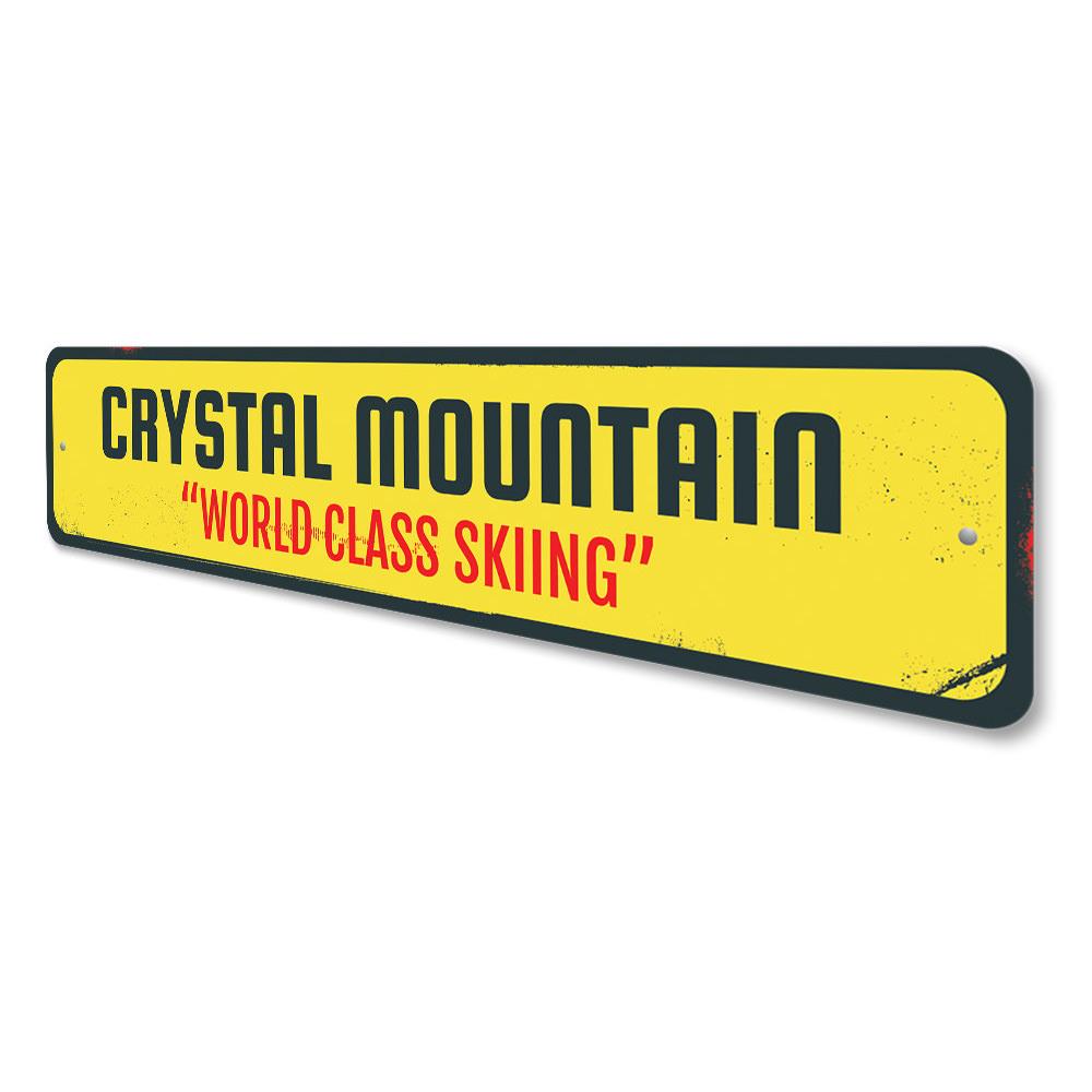 A decorative World Class Skiing Sign made of high-quality aluminum, featuring vibrant colors and a skiing theme, perfect for indoor or outdoor display.