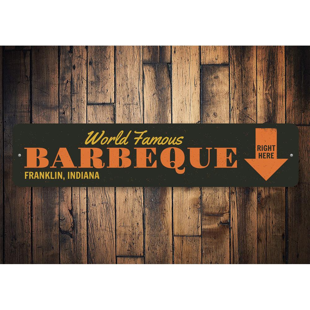 A vibrant World Famous Barbecue Sign made of high-quality aluminum, featuring customizable text and pre-drilled holes for easy mounting.