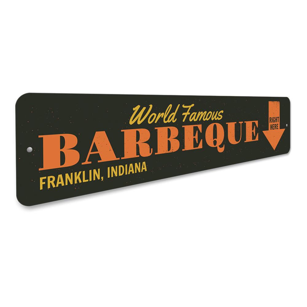 A vibrant World Famous Barbecue Sign made of high-quality aluminum, featuring customizable text and pre-drilled holes for easy mounting.