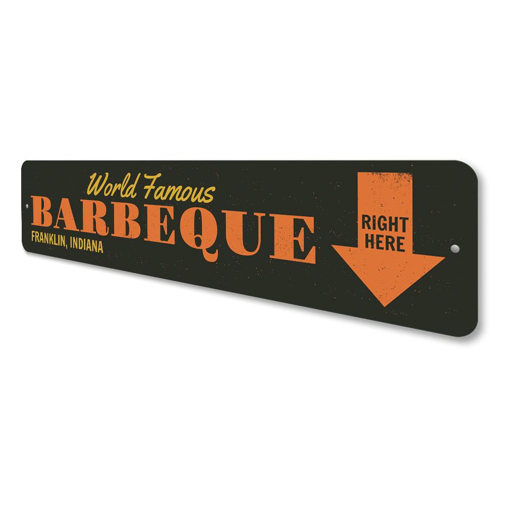 A vibrant World Famous Barbecue Sign made of high-quality aluminum, featuring customizable text and pre-drilled holes for easy mounting.