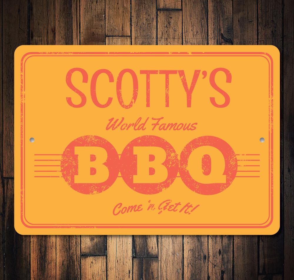 A vibrant aluminum World Famous BBQ Sign featuring bold lettering and decorative elements, perfect for restaurants or home BBQ areas.