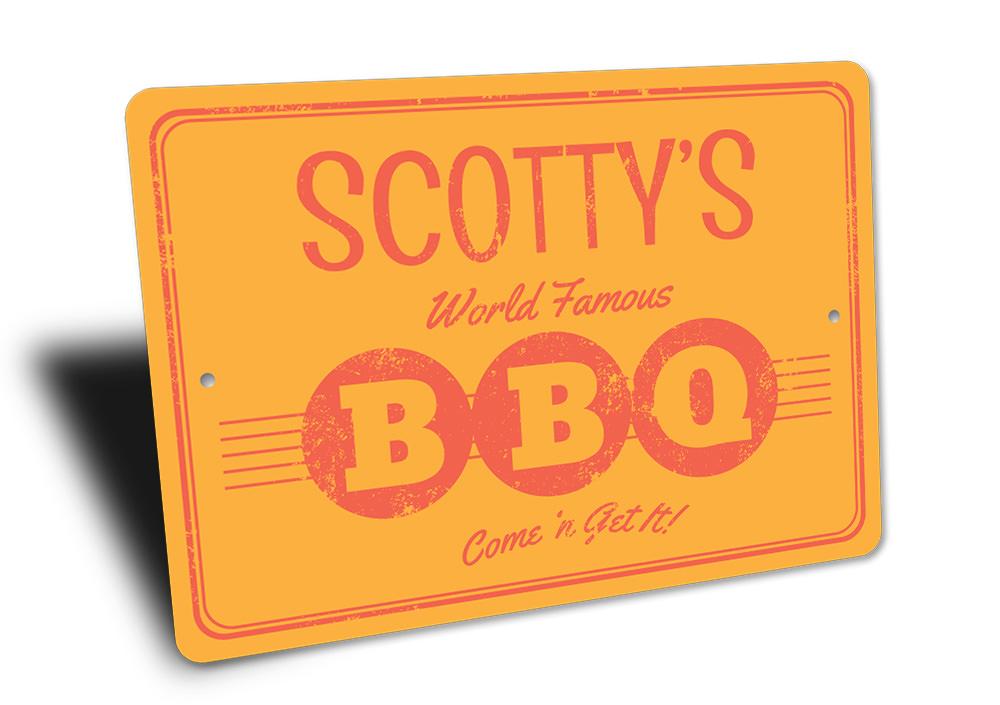 A vibrant aluminum World Famous BBQ Sign featuring bold lettering and decorative elements, perfect for restaurants or home BBQ areas.