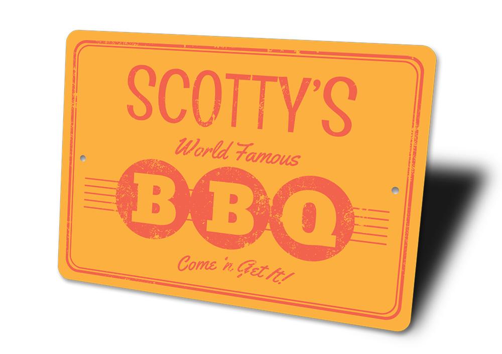 A vibrant aluminum World Famous BBQ Sign featuring bold lettering and decorative elements, perfect for restaurants or home BBQ areas.