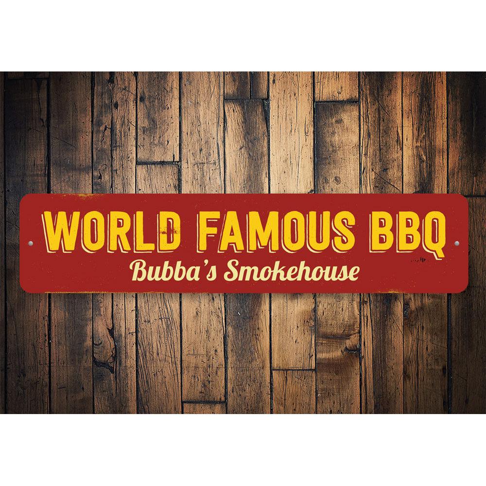 World Famous BBQ Sign made of durable aluminum, featuring customizable text for a personal touch, perfect for restaurants or home decor.