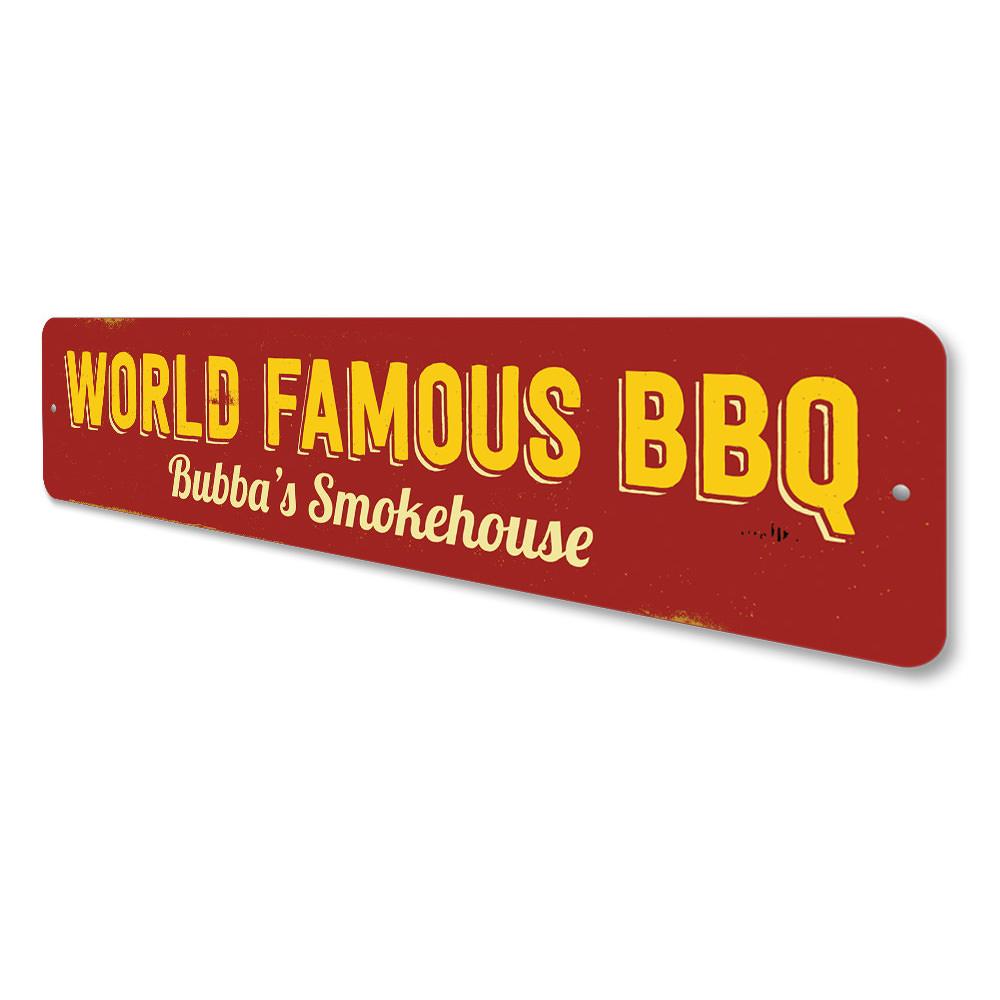 World Famous BBQ Sign made of durable aluminum, featuring customizable text for a personal touch, perfect for restaurants or home decor.