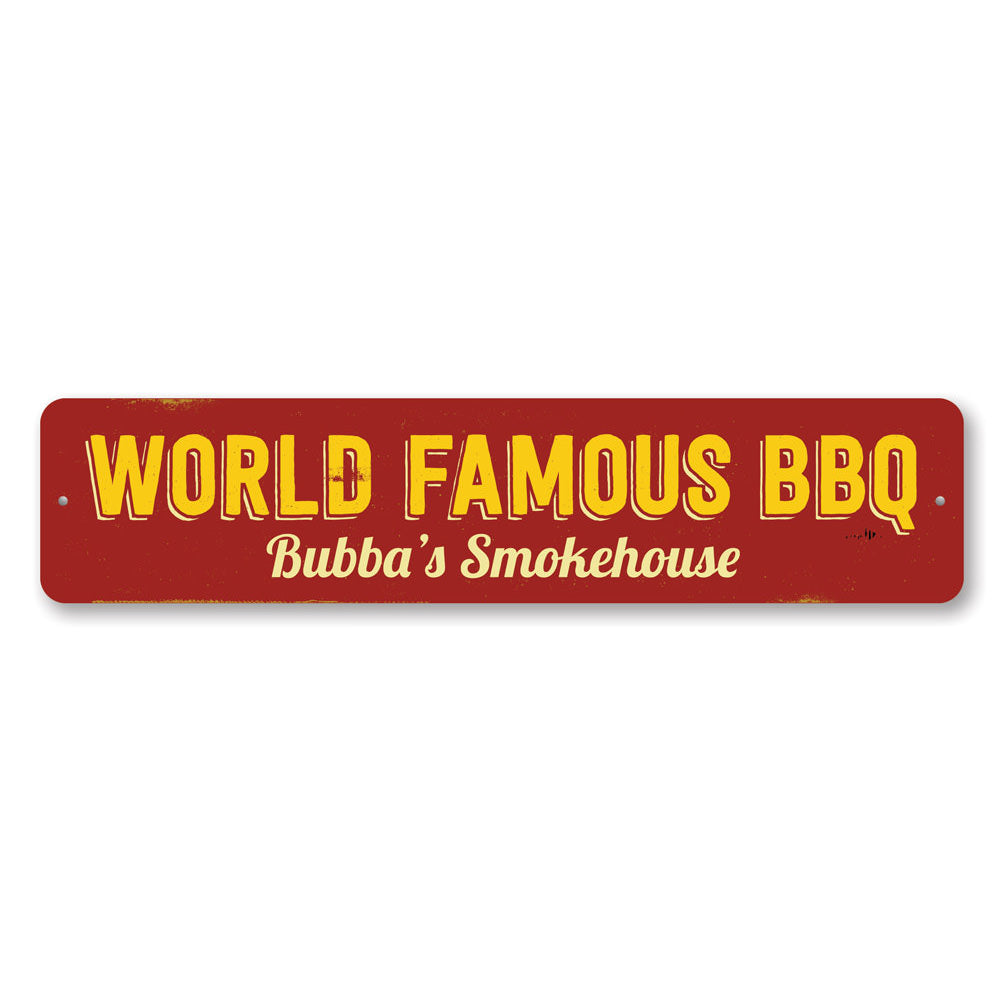 World Famous BBQ Sign made of durable aluminum, featuring customizable text for a personal touch, perfect for restaurants or home decor.