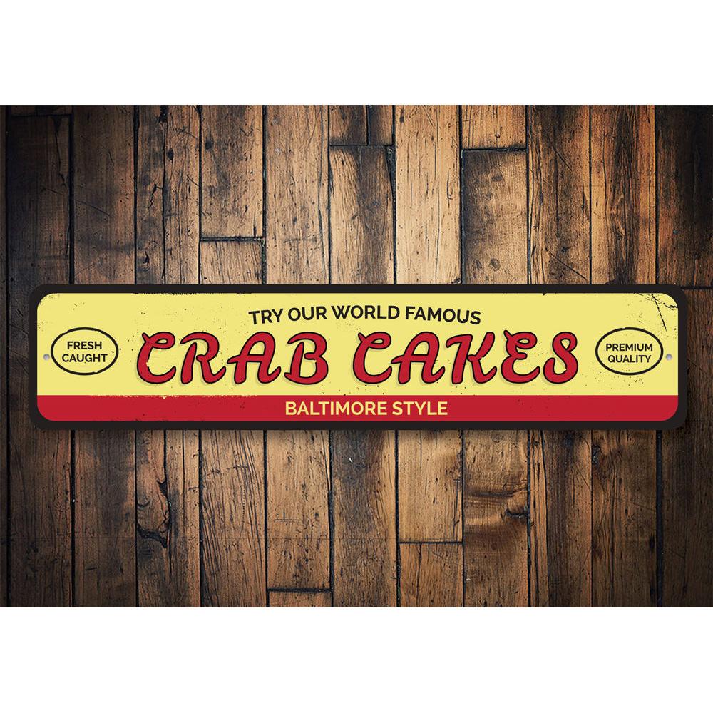 A decorative World Famous Crab Cakes Sign made of aluminum, featuring vibrant colors and customizable text, perfect for beach-themed decor.