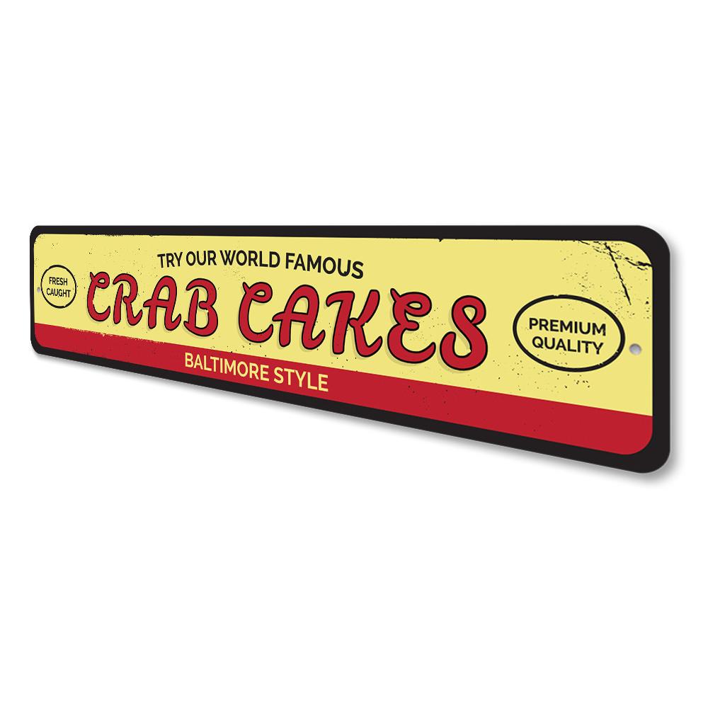 A decorative World Famous Crab Cakes Sign made of aluminum, featuring vibrant colors and customizable text, perfect for beach-themed decor.