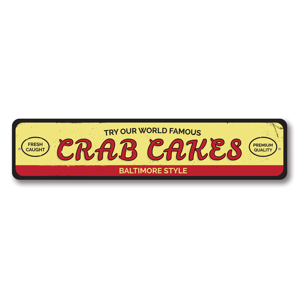 A decorative World Famous Crab Cakes Sign made of aluminum, featuring vibrant colors and customizable text, perfect for beach-themed decor.