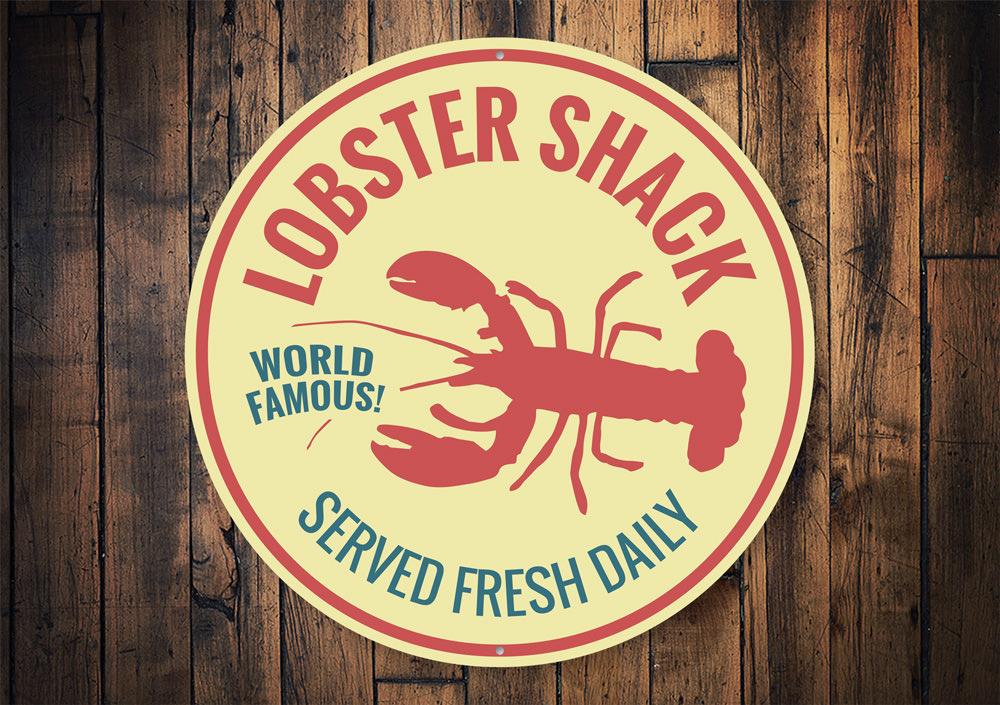 World Famous Lobster Shack Sign made of aluminum, featuring vibrant colors and a coastal design, perfect for beach-themed decor.