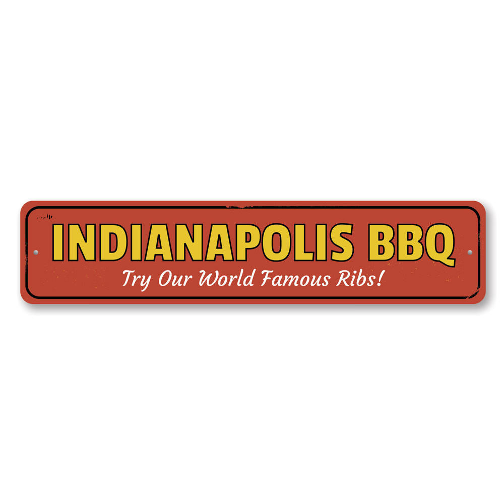 World Famous Ribs Sign made of high-quality aluminum, featuring customizable text and pre-drilled holes for easy mounting.