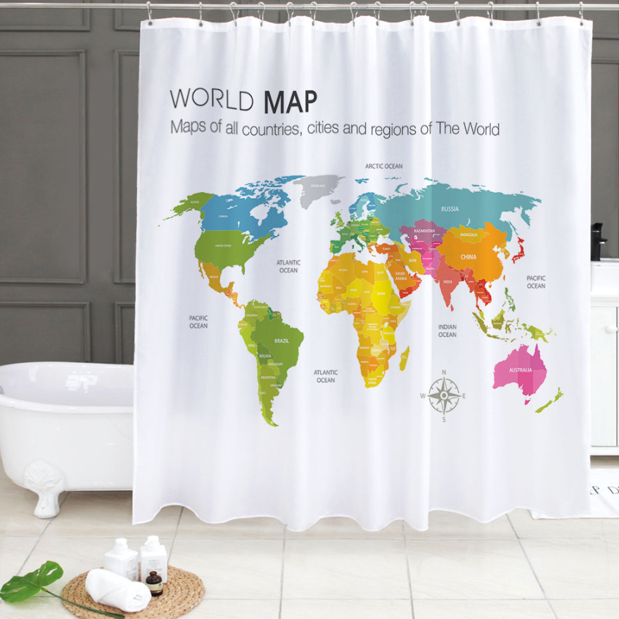 A stylish 180cm x 180cm World Map shower curtain made of high-quality polyester, featuring a modern design with vibrant colors.