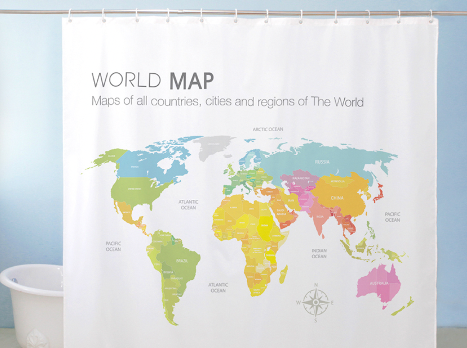 A stylish 180cm x 180cm World Map shower curtain made of high-quality polyester, featuring a modern design with vibrant colors.