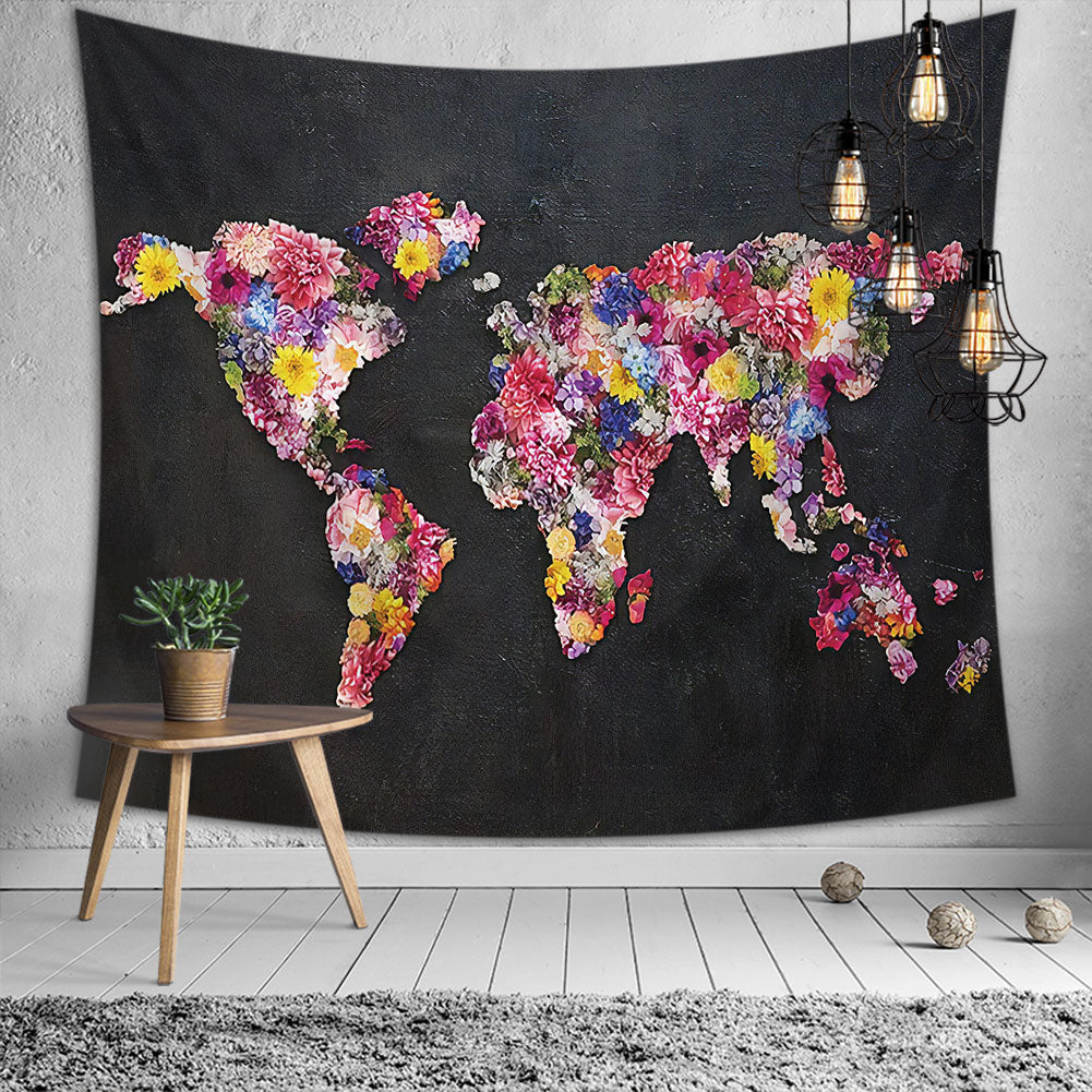 Colorful Flower World Map Tapestry hanging in a nursery, showcasing vibrant floral designs and a world map.