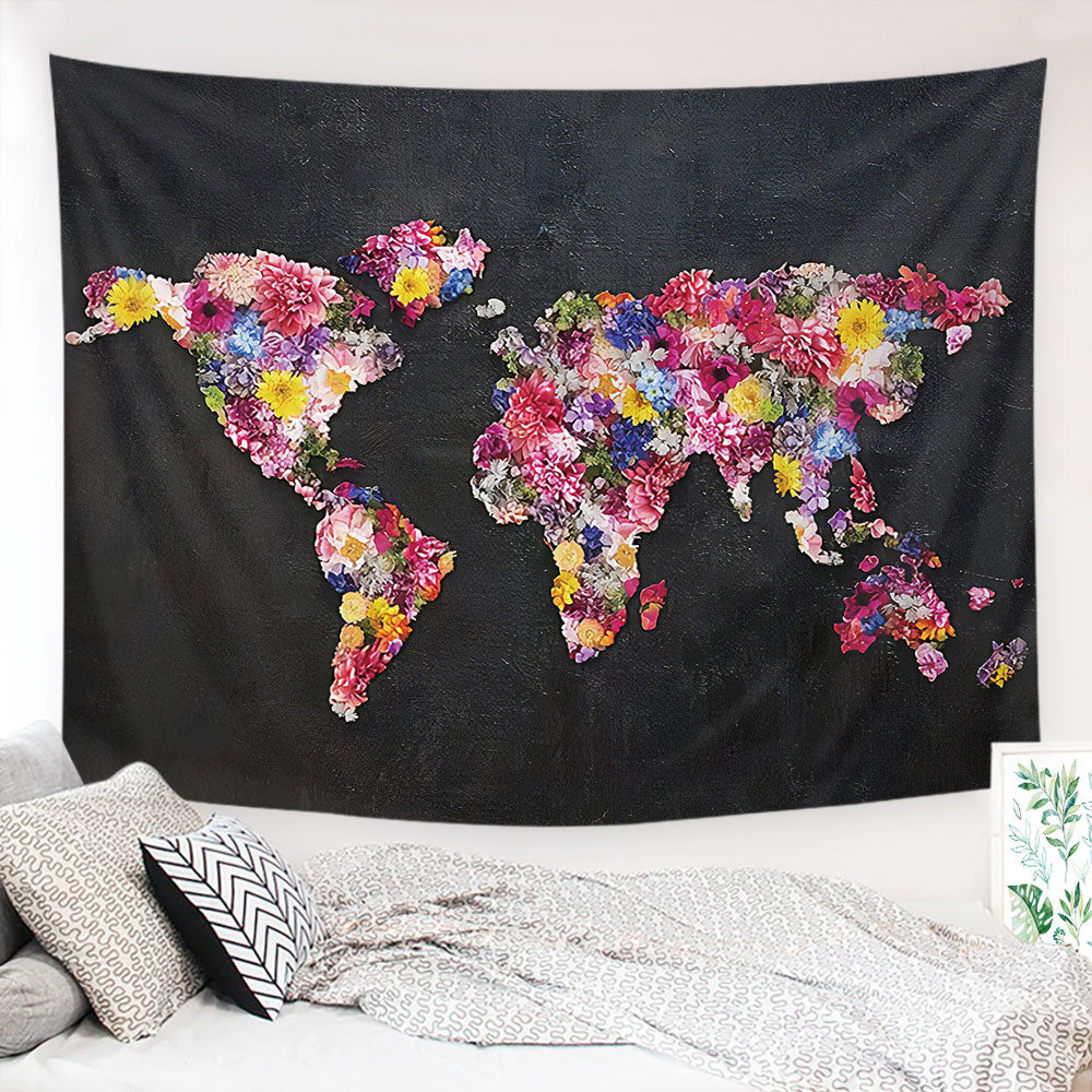 Colorful Flower World Map Tapestry hanging in a nursery, showcasing vibrant floral designs and a world map.