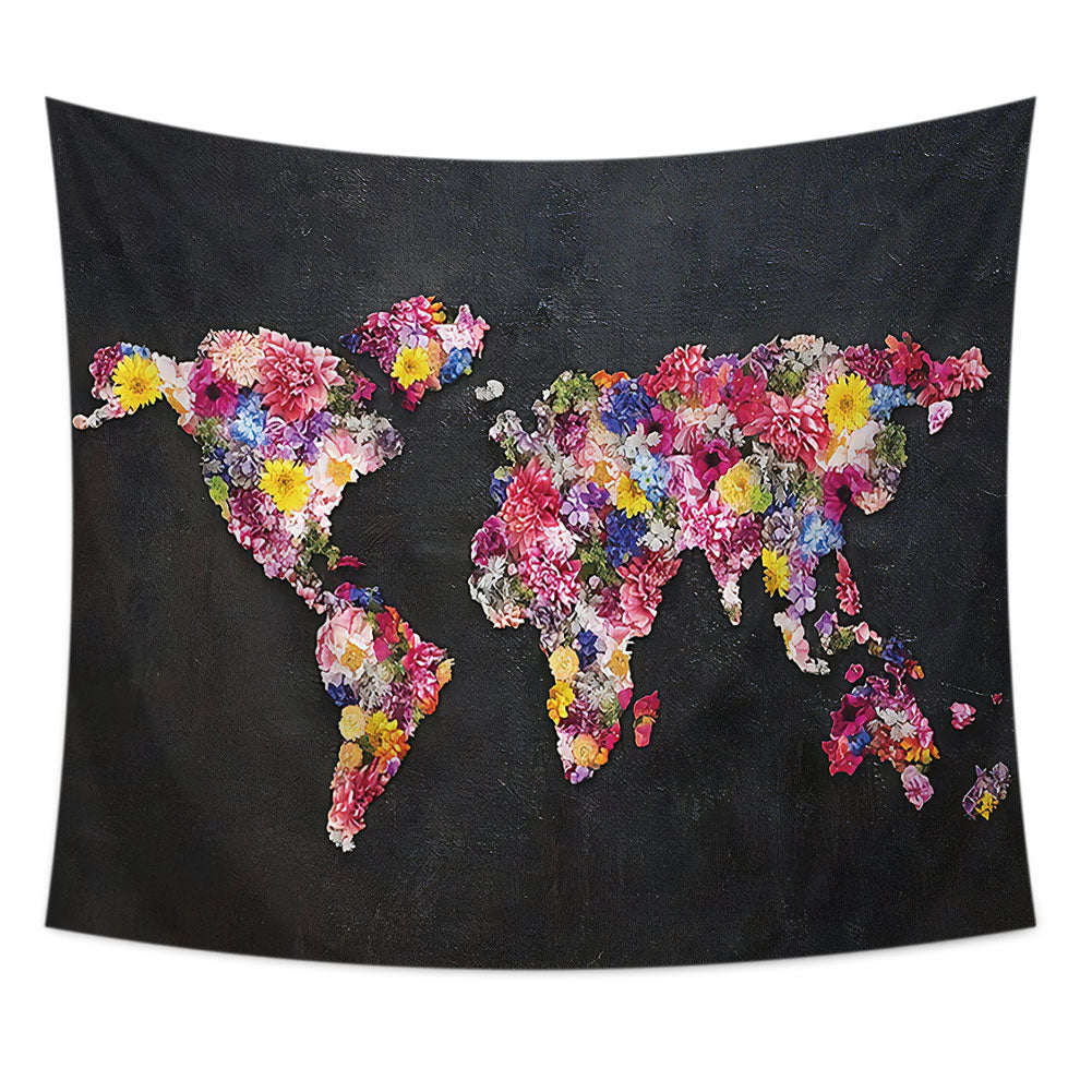 Colorful Flower World Map Tapestry hanging in a nursery, showcasing vibrant floral designs and a world map.