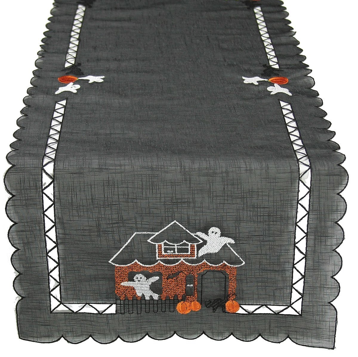 XD11015 Haunted House Table Runner featuring embroidered ghosts and haunted house design on sheer fabric, perfect for Halloween decor.