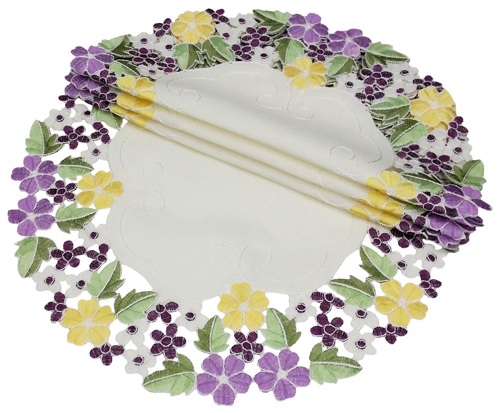 Set of 4 Fancy Flowers Doilies featuring colorful floral embroidery and intricate cutwork, perfect for table decor.