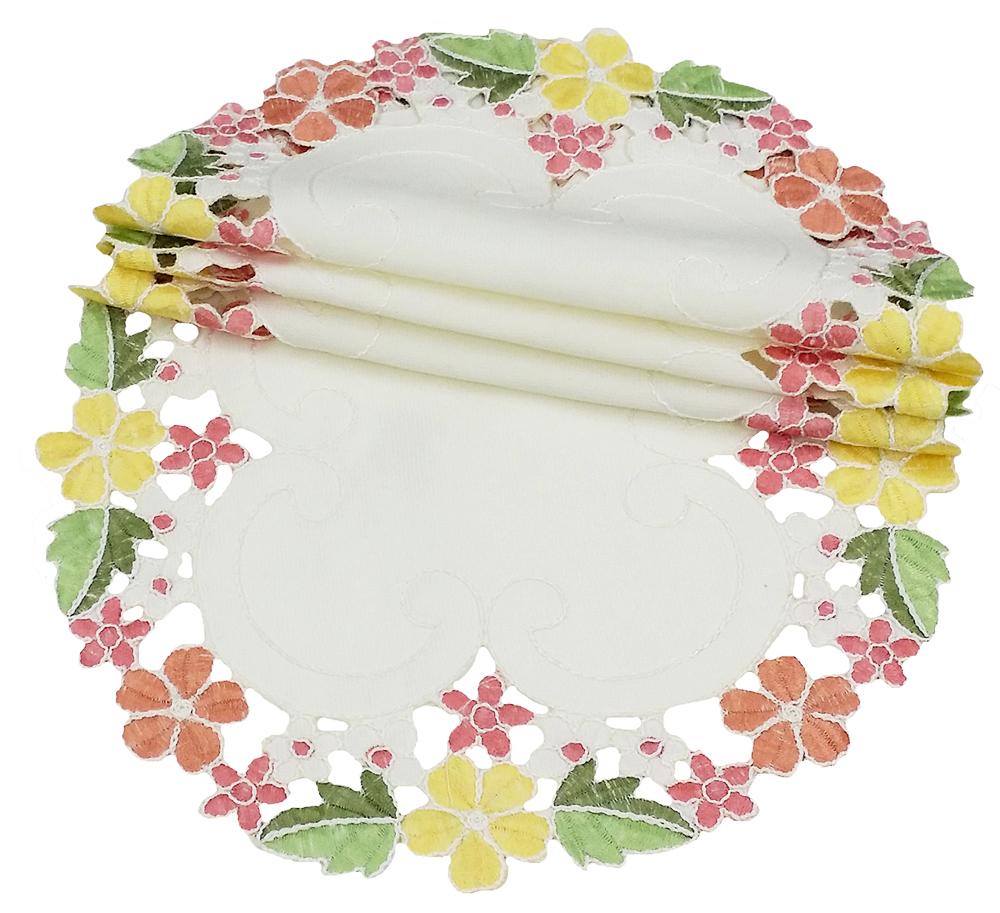 Set of 4 Fancy Flowers Doilies featuring colorful floral embroidery and intricate cutwork, perfect for table decor.