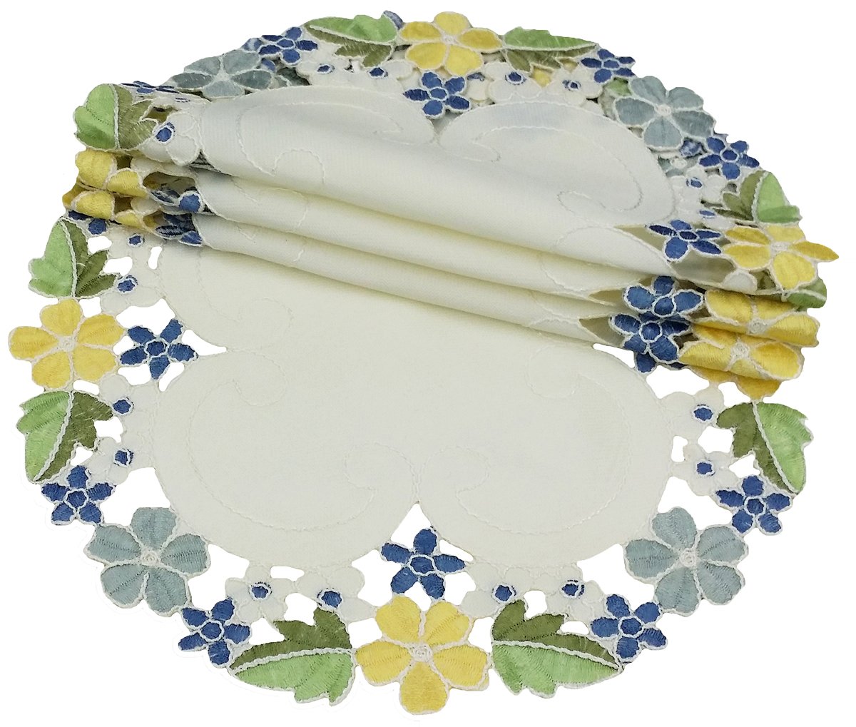 Set of 4 Fancy Flowers Doilies featuring colorful floral embroidery and intricate cutwork, perfect for table decor.