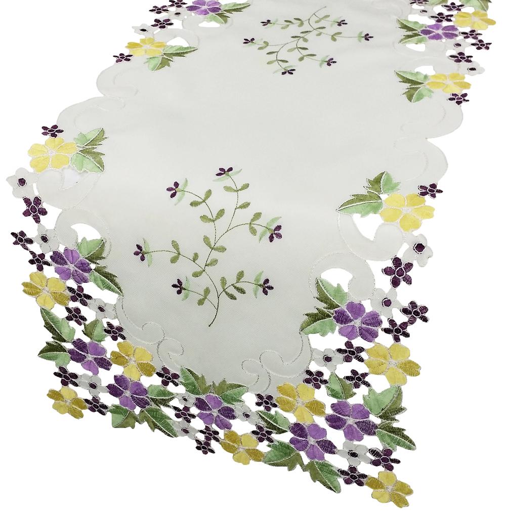 Colorful embroidered floral table runner with intricate cutwork design, available in purple, pink, and blue.