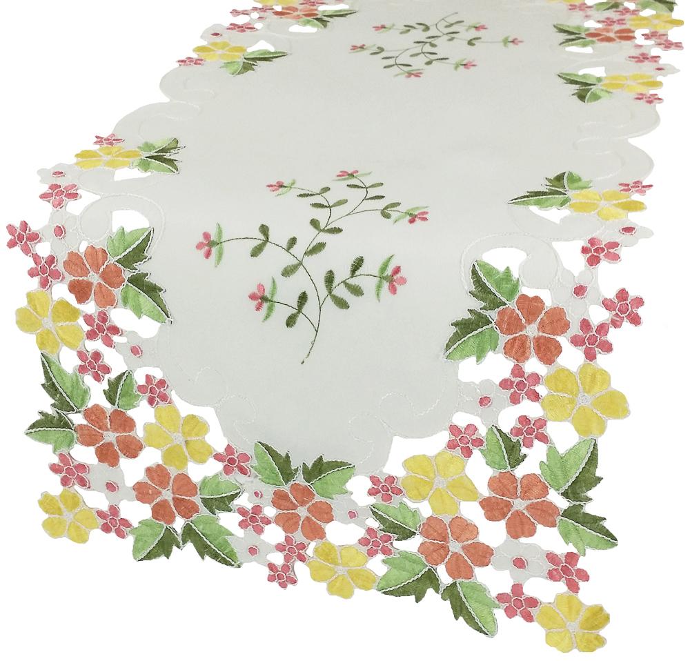 Colorful embroidered floral table runner with intricate cutwork design, available in purple, pink, and blue.