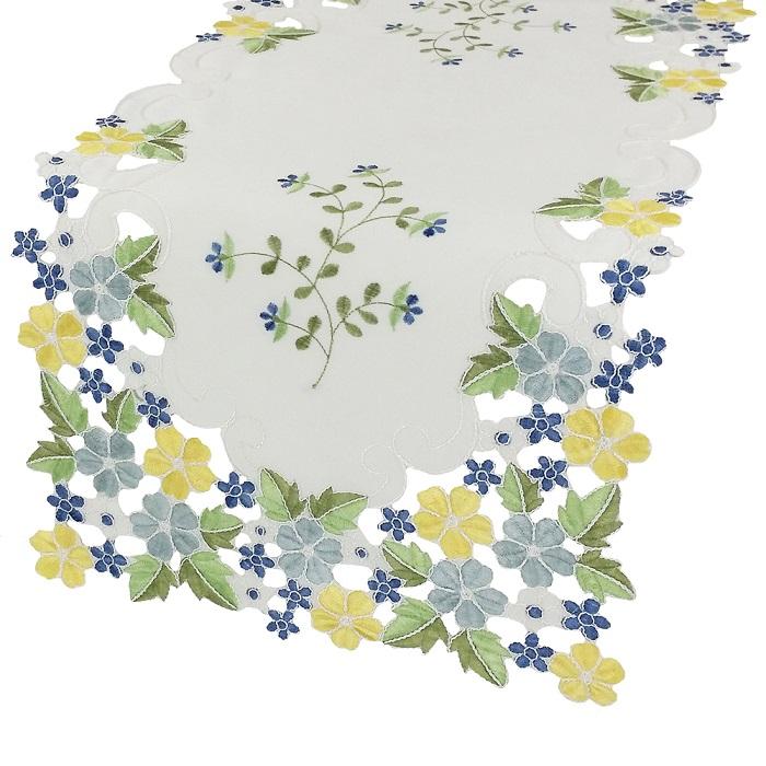 Colorful embroidered floral table runner with intricate cutwork design, available in purple, pink, and blue.