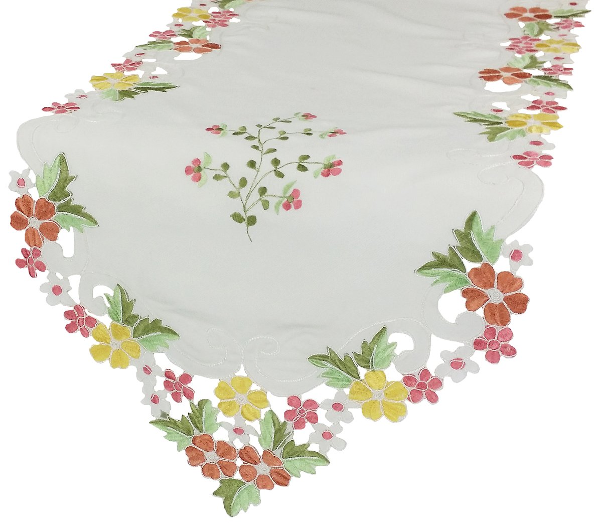 Colorful embroidered floral table runner with intricate cutwork design, available in purple, pink, and blue.