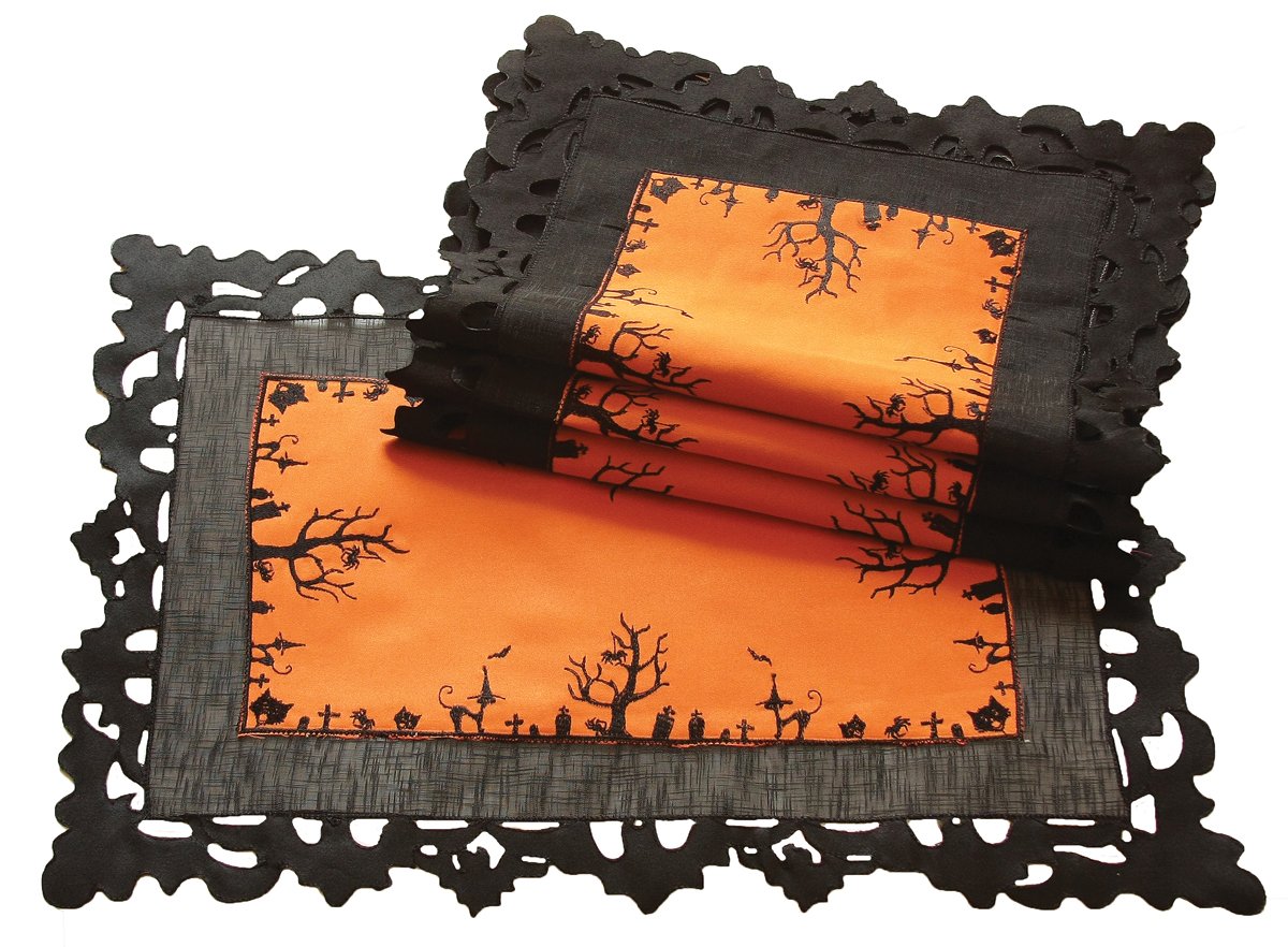 Set of 4 XD11026 Hallows Eve Placemats featuring spooky designs with bats and spiders, perfect for Halloween table settings.