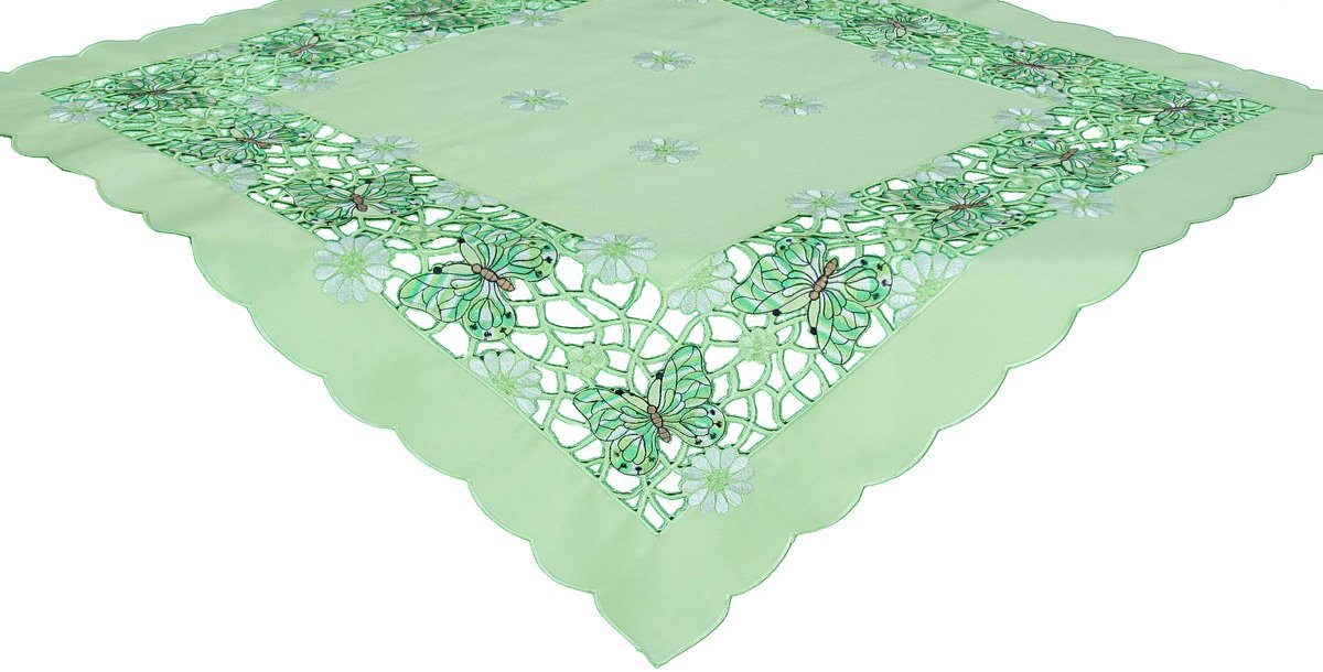 34x34 inch Emerald Mariposa Table Topper featuring vibrant butterfly embroidery on a spring green background, perfect for festive table settings.