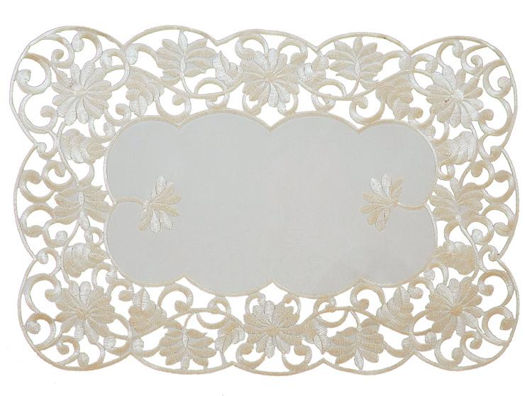 Set of 4 XD110733 Daisy Lace Placemats featuring intricate embroidered daisies on ivory cutwork lace, perfect for elegant dining.