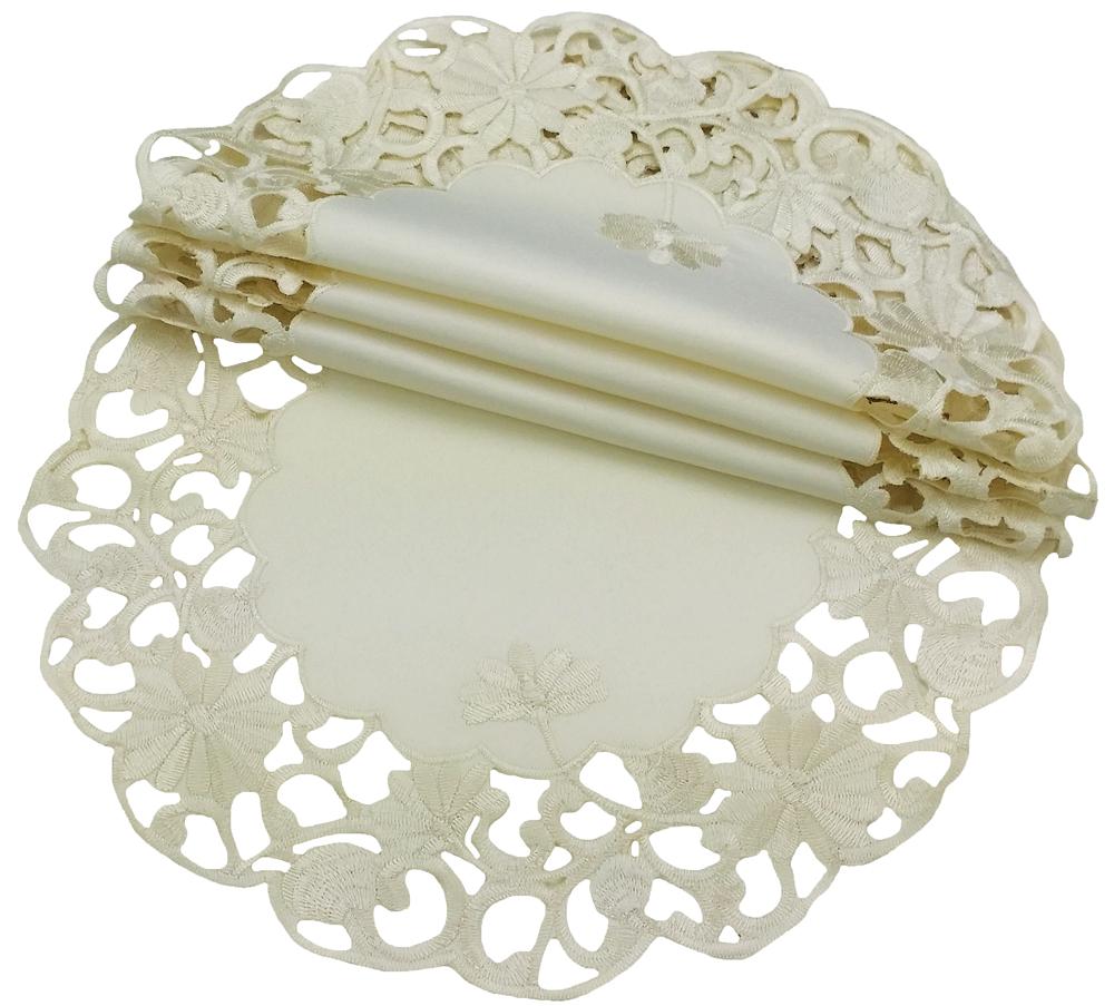 Set of 4 XD110733 Daisy Lace Round Doilies featuring intricate embroidered daisies on ivory cutwork lace, perfect for elegant table settings.