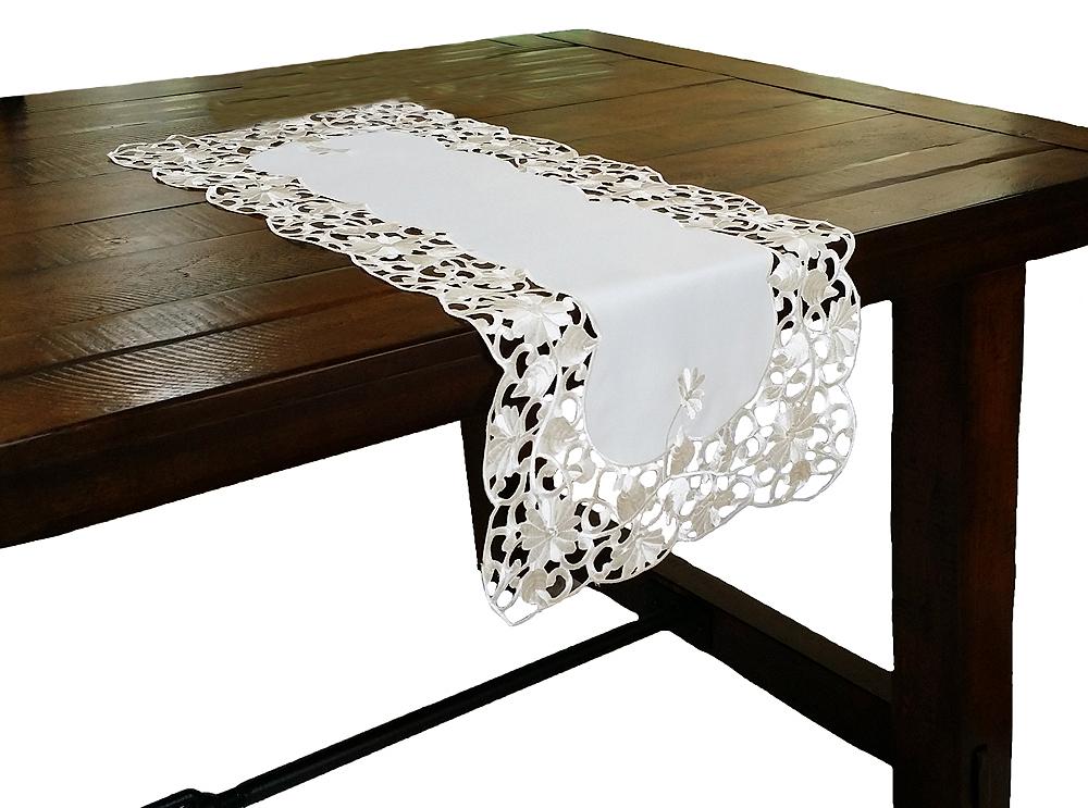 XD110733 Daisy Lace Table Runner featuring elegant embroidered daisies on ivory cutwork lace, perfect for spring and summer table settings.