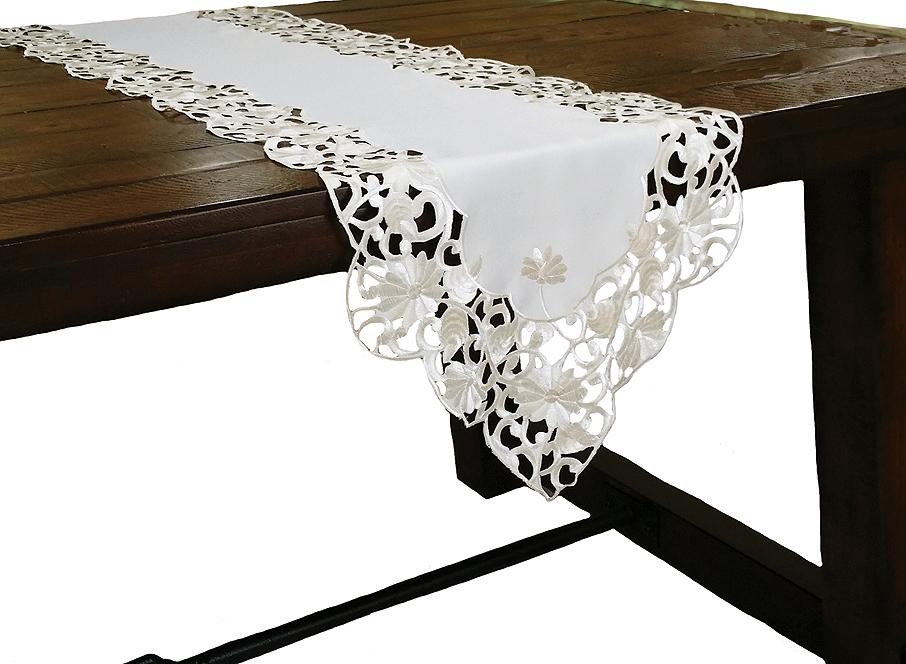 XD110733 Daisy Lace Table Runner featuring elegant embroidered daisies on ivory cutwork lace, perfect for spring and summer table settings.