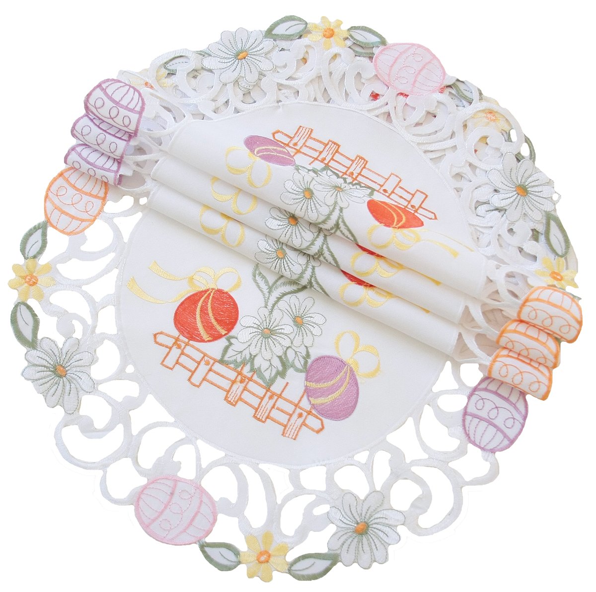 Set of 4 round placemats featuring colorful Easter eggs and flowers on a country fence design, perfect for festive table settings.