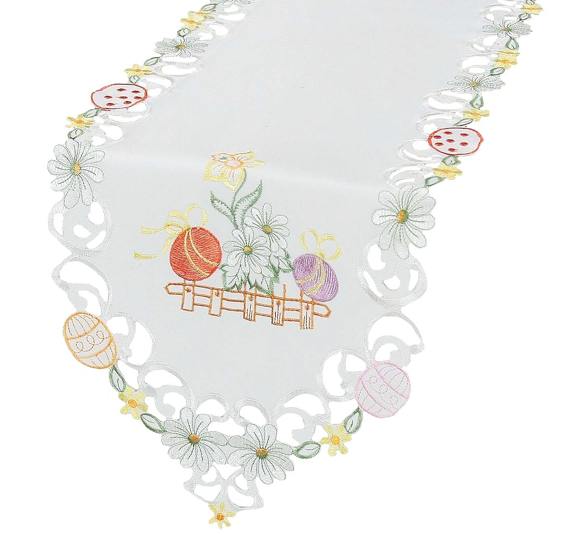 XD110737 Country Egg Table Runner featuring colorful Easter eggs and spring flowers on a country fence.