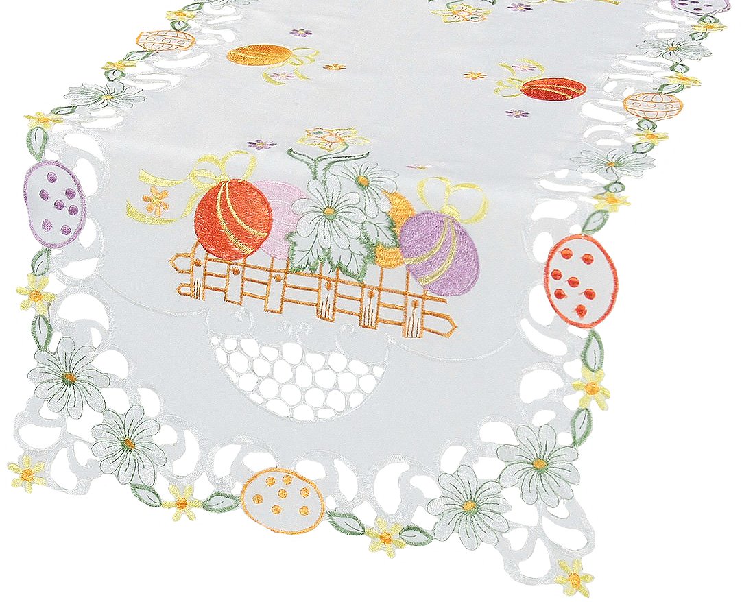 XD110737 Country Egg Table Runner featuring colorful Easter eggs and spring flowers on a country fence.