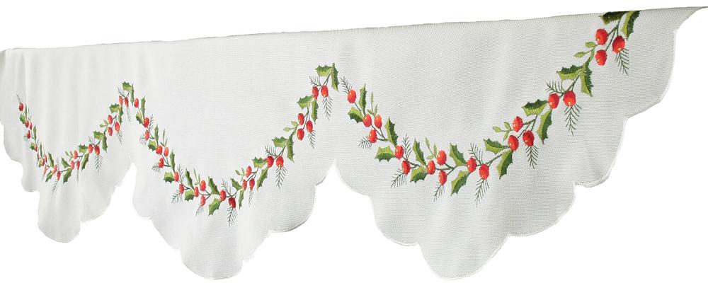 XD108059 Holly Berry Mantel Scarf featuring intricate holly leaves and berries embroidery with hemstitch trim, perfect for Christmas decor.