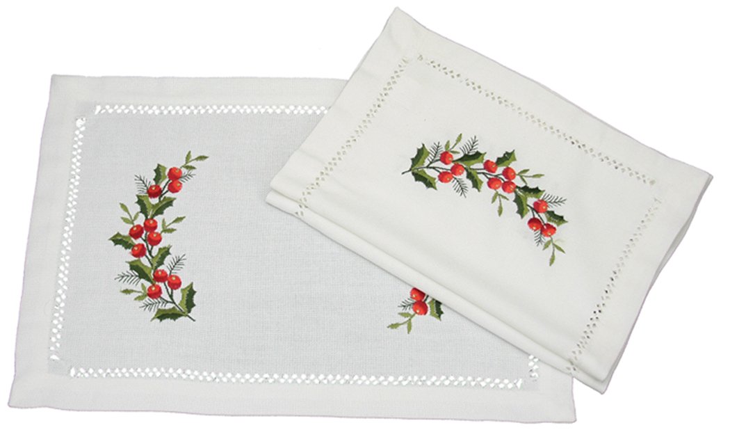 Set of 4 XD108059 Holly Berry Placemats featuring intricate embroidery of holly leaves and berries with hemstitch trim, perfect for Christmas dining.