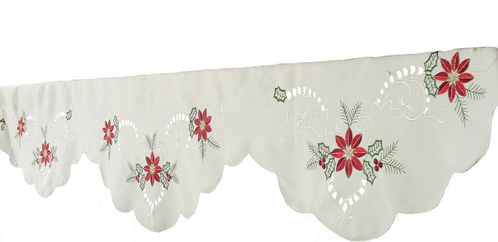 Elegant XD1080774 Poinsettia Mantel Scarf with intricate embroidered poinsettias on a white background, perfect for holiday decor.