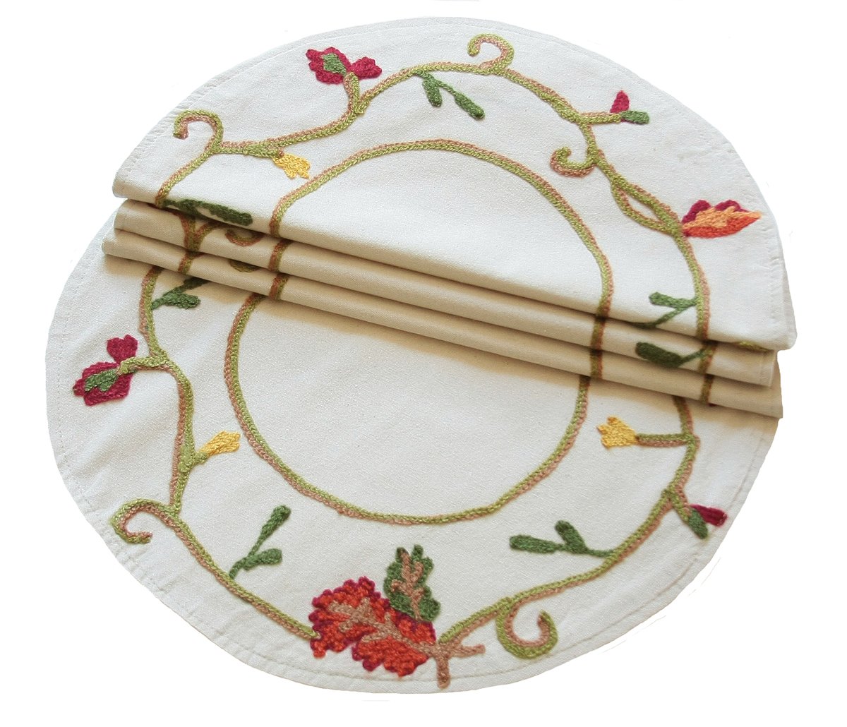 Set of 4 XD10813 Harvest Vine Round Placemats featuring intricate crewel embroidery on a soft cotton muslin background, perfect for autumn dining.