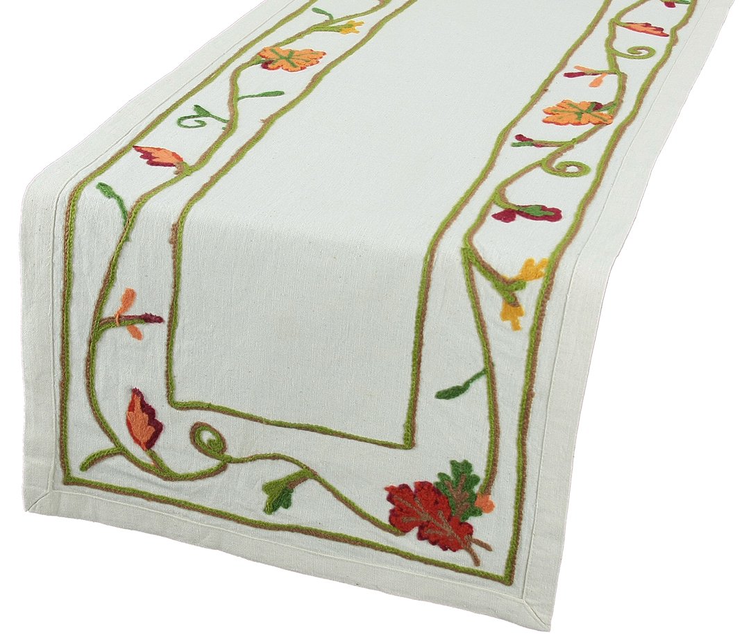 XD10813 Harvest Vine Table Runner featuring intricate crewel embroidery on a soft cotton muslin background, perfect for autumn dining.