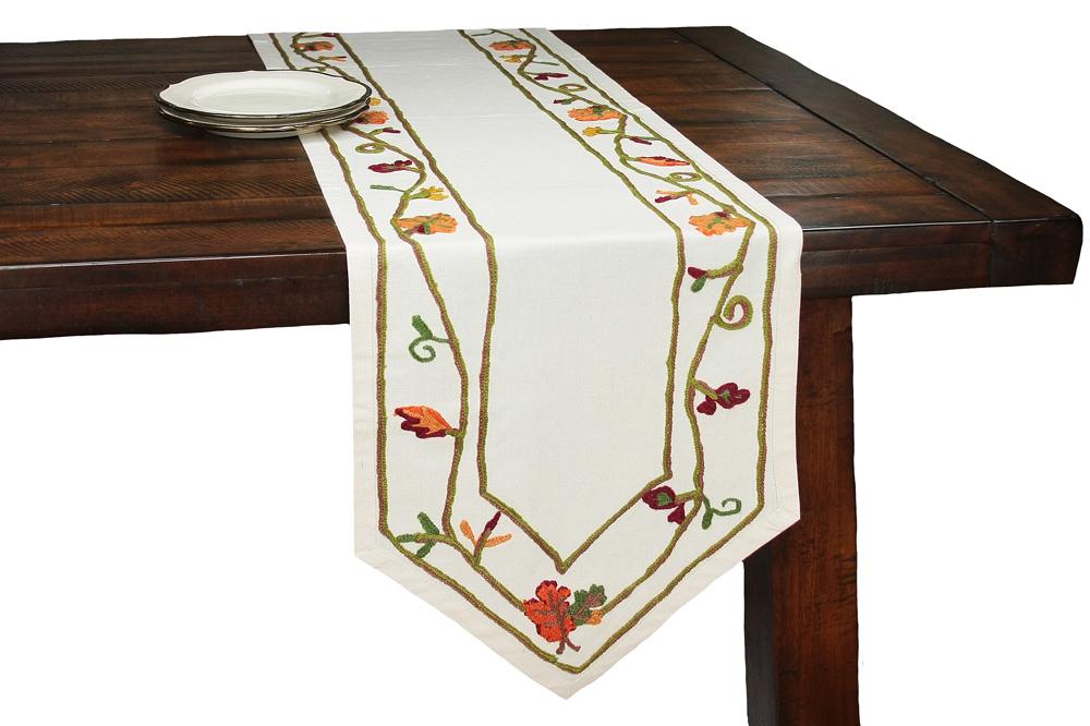 XD10813 Harvest Vine Table Runner featuring intricate crewel embroidery on a soft cotton muslin background, perfect for autumn dining.