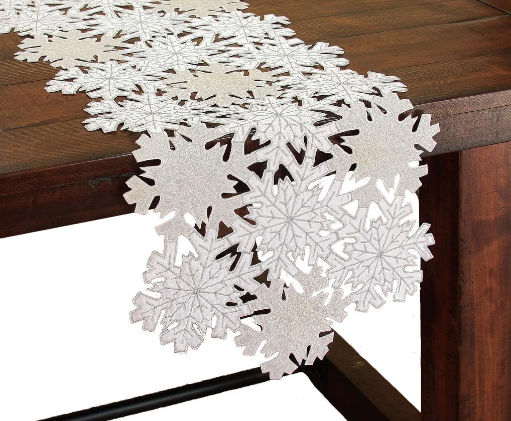 XD10816 Shimmer Snowflake Table Runner featuring intricate snowflake cutwork design on a crisp fabric, perfect for holiday dining.