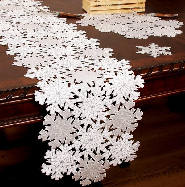 XD10816 Shimmer Snowflake Table Runner featuring intricate snowflake cutwork design on a crisp fabric, perfect for holiday dining.