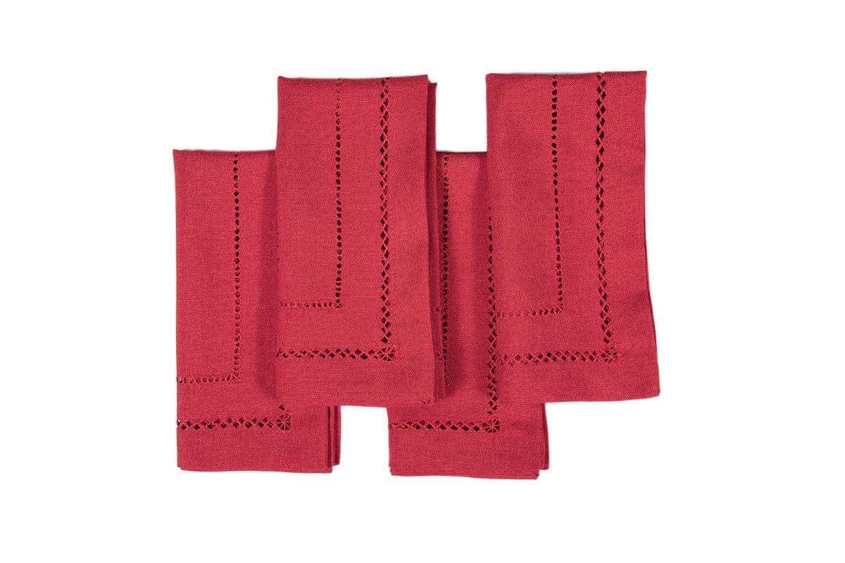 Set of 4 XD11099 Double Hemstitch Napkins in various colors, showcasing intricate hand-rendered cutwork trim.