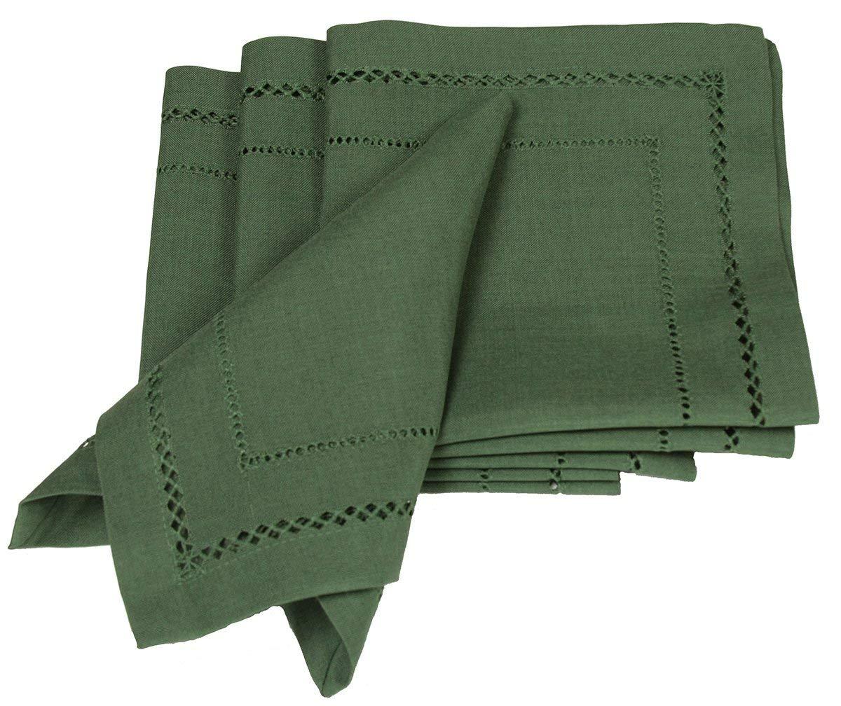 Set of 4 XD11099 Double Hemstitch Napkins in various colors, showcasing intricate hand-rendered cutwork trim.