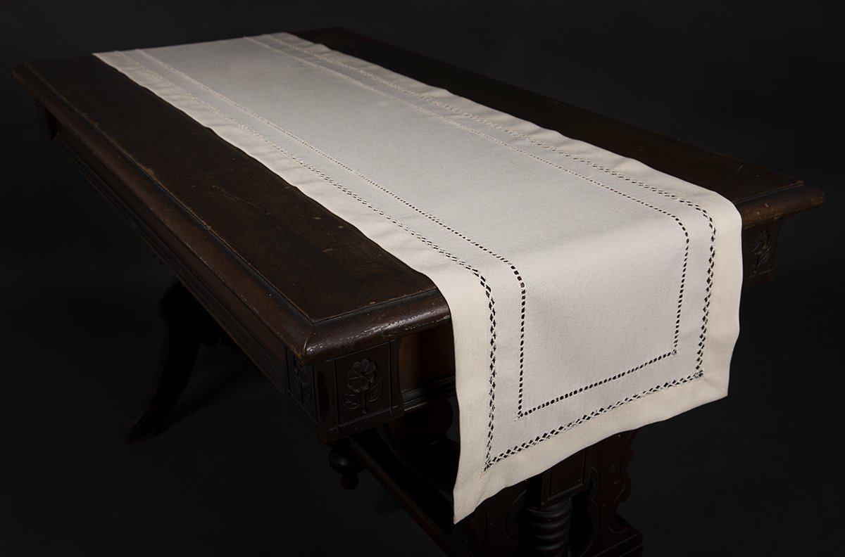 XD11099 Double Hemstitch Table Runner in elegant design, showcasing intricate cutwork trim, available in multiple colors.