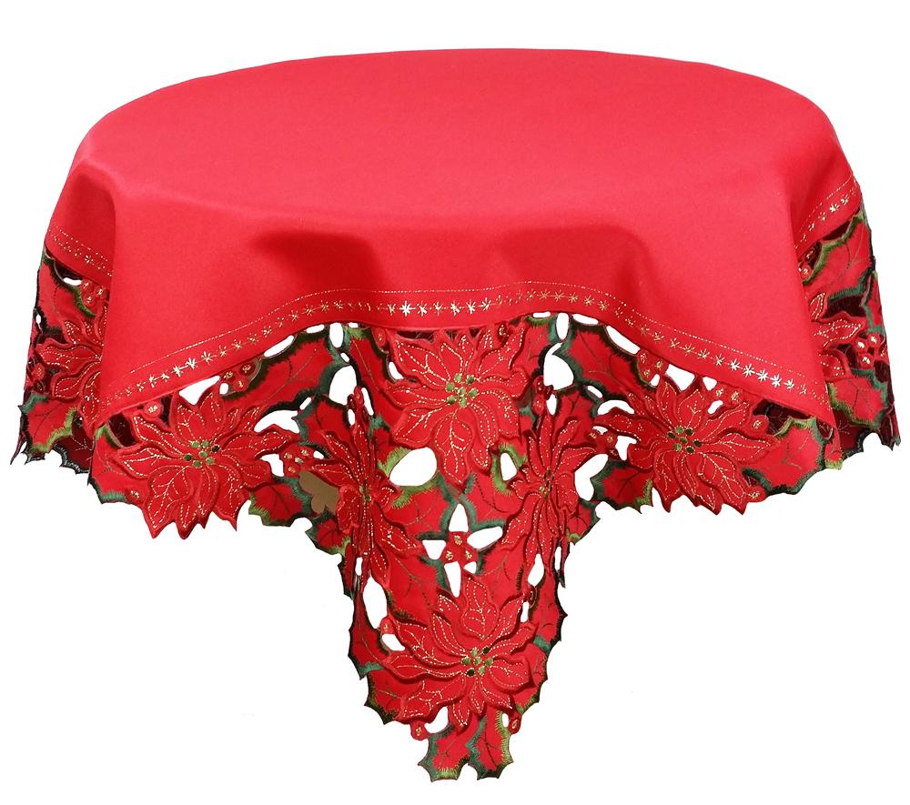 XD10982 Holiday Spirit Table Topper featuring intricate poinsettia embroidery and cutwork, perfect for Christmas decor.